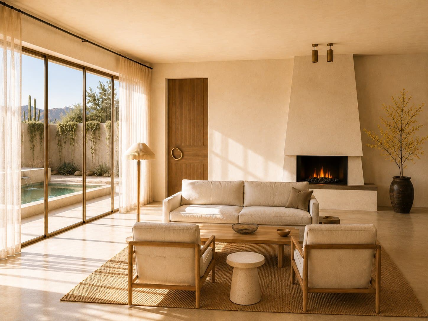 A plaster-walled living room with a cream sofa, two wooden armchairs, a jute rug and a lit fireplace, with a glass wall on the left looking out to a small pool in a walled courtyard.