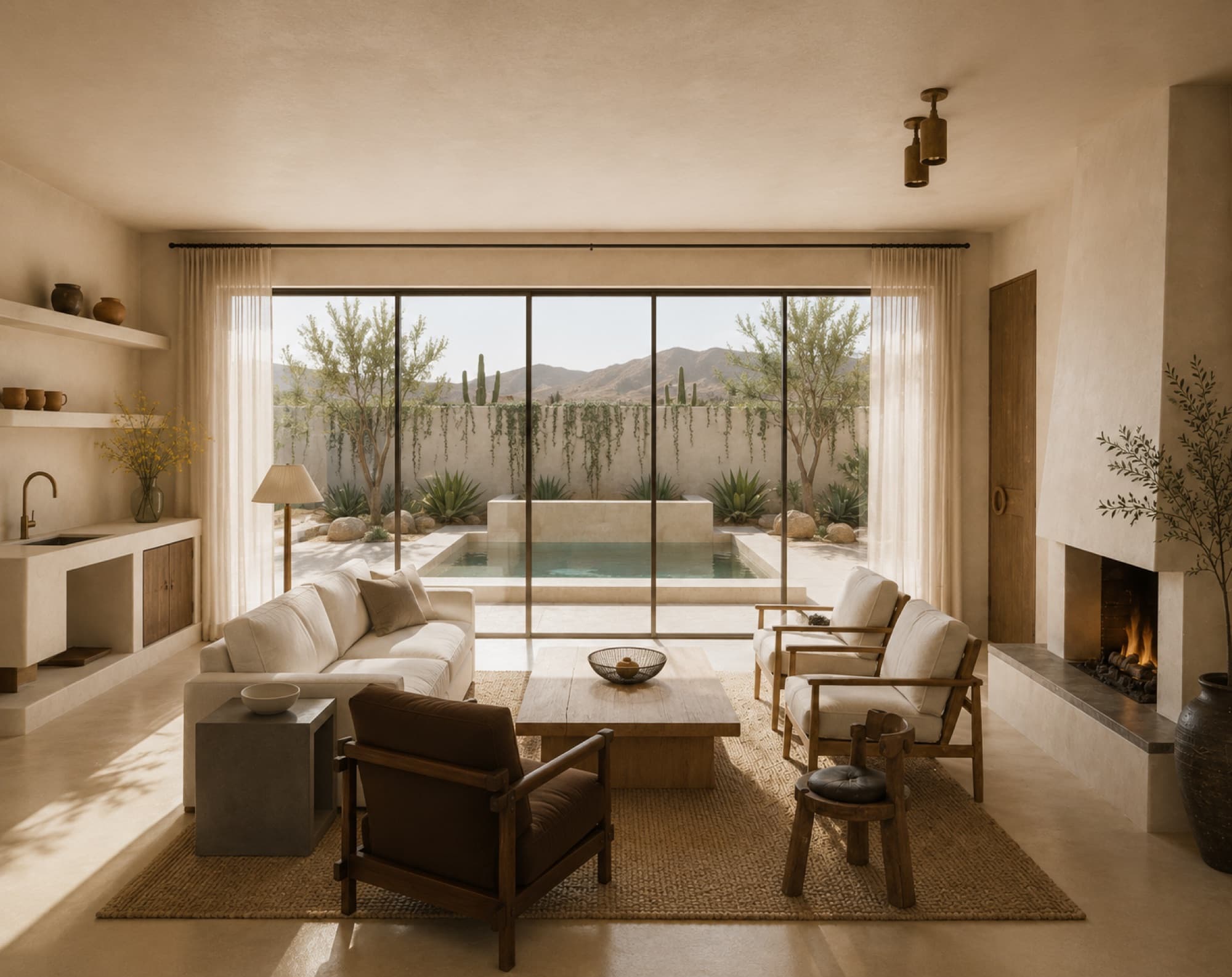 The villa living room render, opening through full-height glazing to the private pool