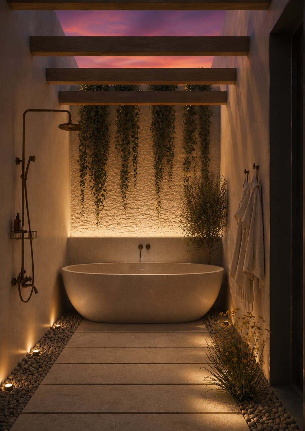 A stone soaking tub sits at the end of a narrow outdoor bathing court with a brass shower on the left wall, towels hanging at right, trailing vines on the back wall and timber beams open to a pink evening sky.