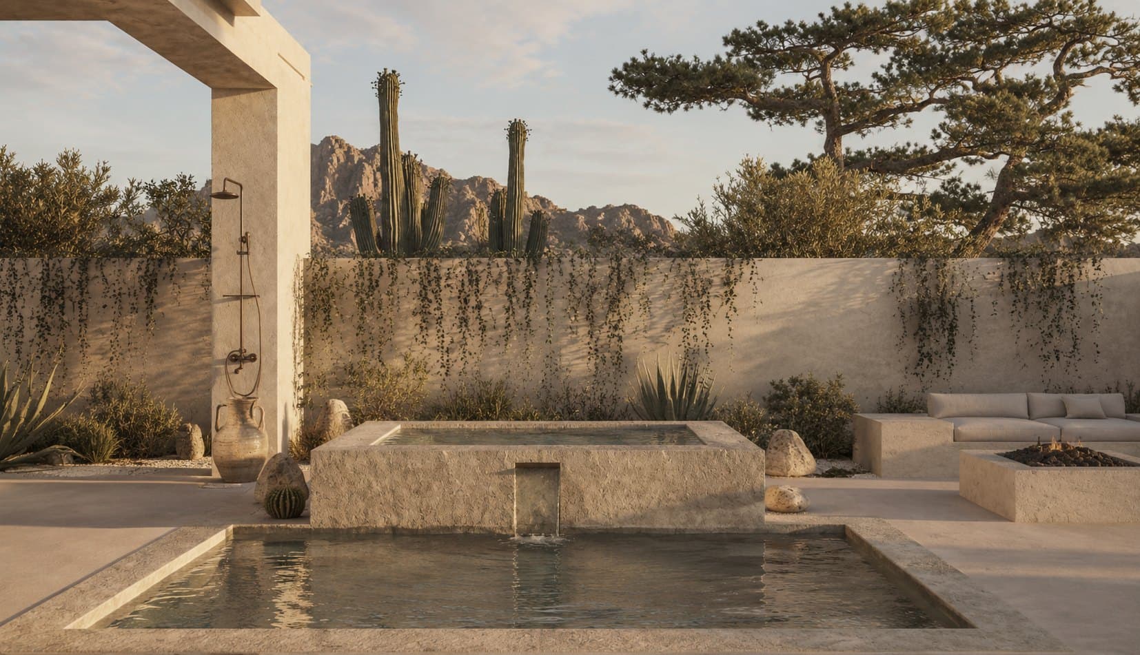 A walled courtyard at golden hour with a raised square stone hot tub spilling water into a lower rectangular plunge pool, an outdoor shower on a plaster column at left, a built-in sofa and fire table at right, and cacti and desert peaks beyond the wall.