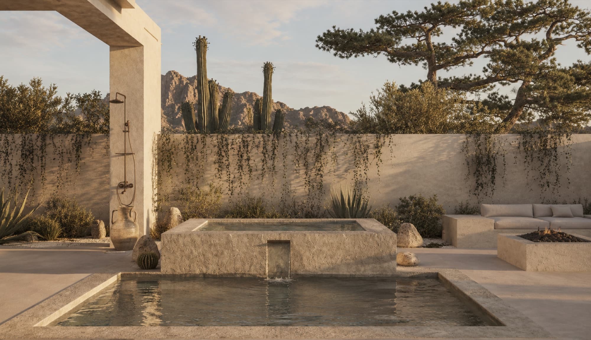 The villa water court render — plunge pool, hot tub and outdoor shower against the canyon wall