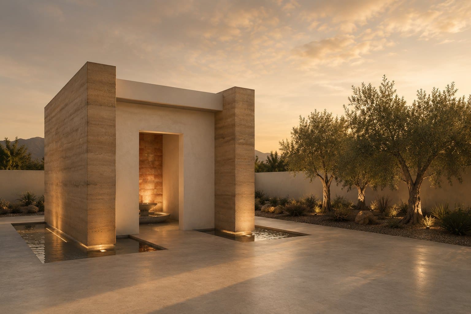 A small rammed earth pavilion at dusk with a lit recess inside holding a round stone basin, shallow reflecting pools set into the paving on either side, and olive trees along a low wall to the right under an orange sky.