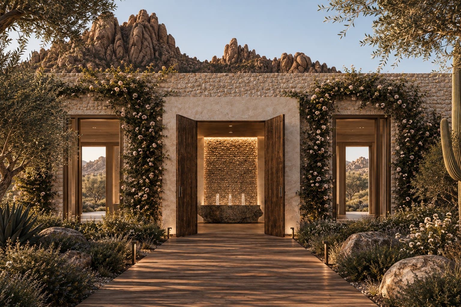 A low stone building at golden hour with tall wooden doors open onto a lit reception area with a stone desk, flanked by rose-covered walls and approached by a timber walkway, with a rocky outcrop behind.