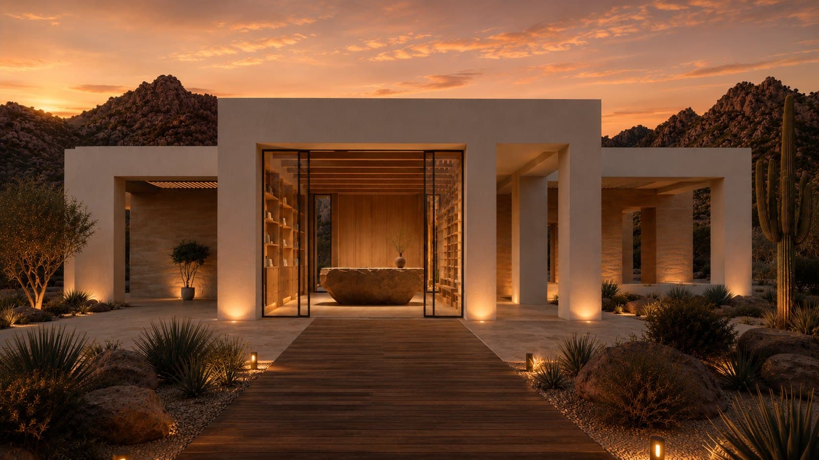 A low symmetrical plaster building at dusk with a lit glass-walled entry revealing a stone reception desk inside, a timber boardwalk leading to the doors, agaves and boulders on either side, and rounded rock hills under an orange sky.