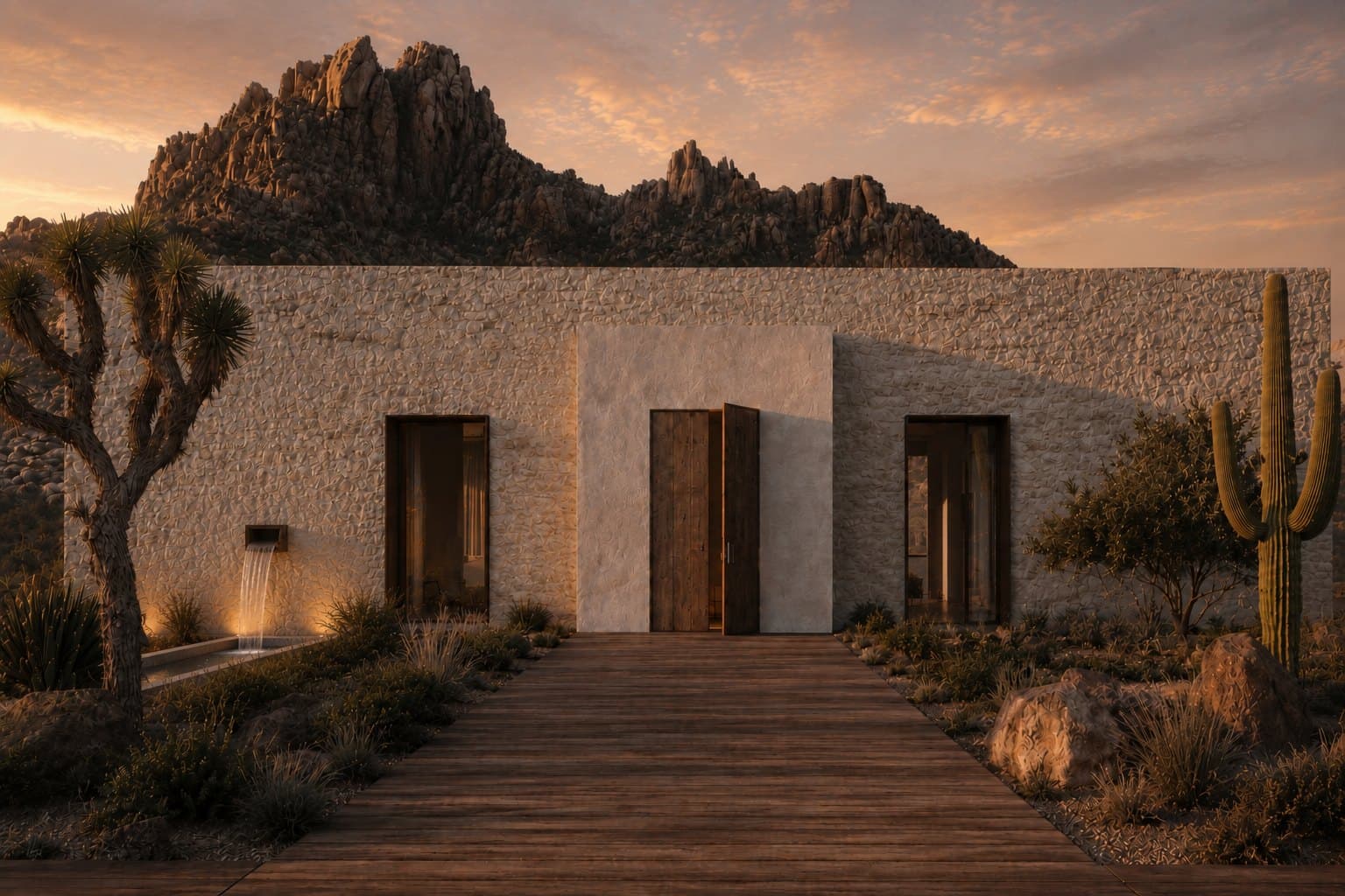 A white stone building with an open wooden door at sunset, with a lit spout of water falling from the wall into a narrow channel beside the walkway.