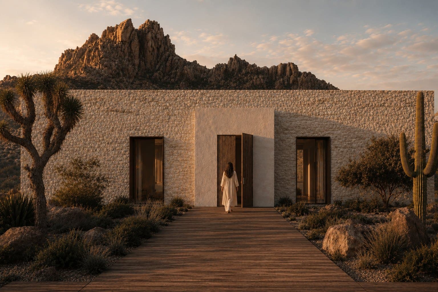 A woman in a long white robe walks barefoot through the open wooden door of a white stone building at sunset.