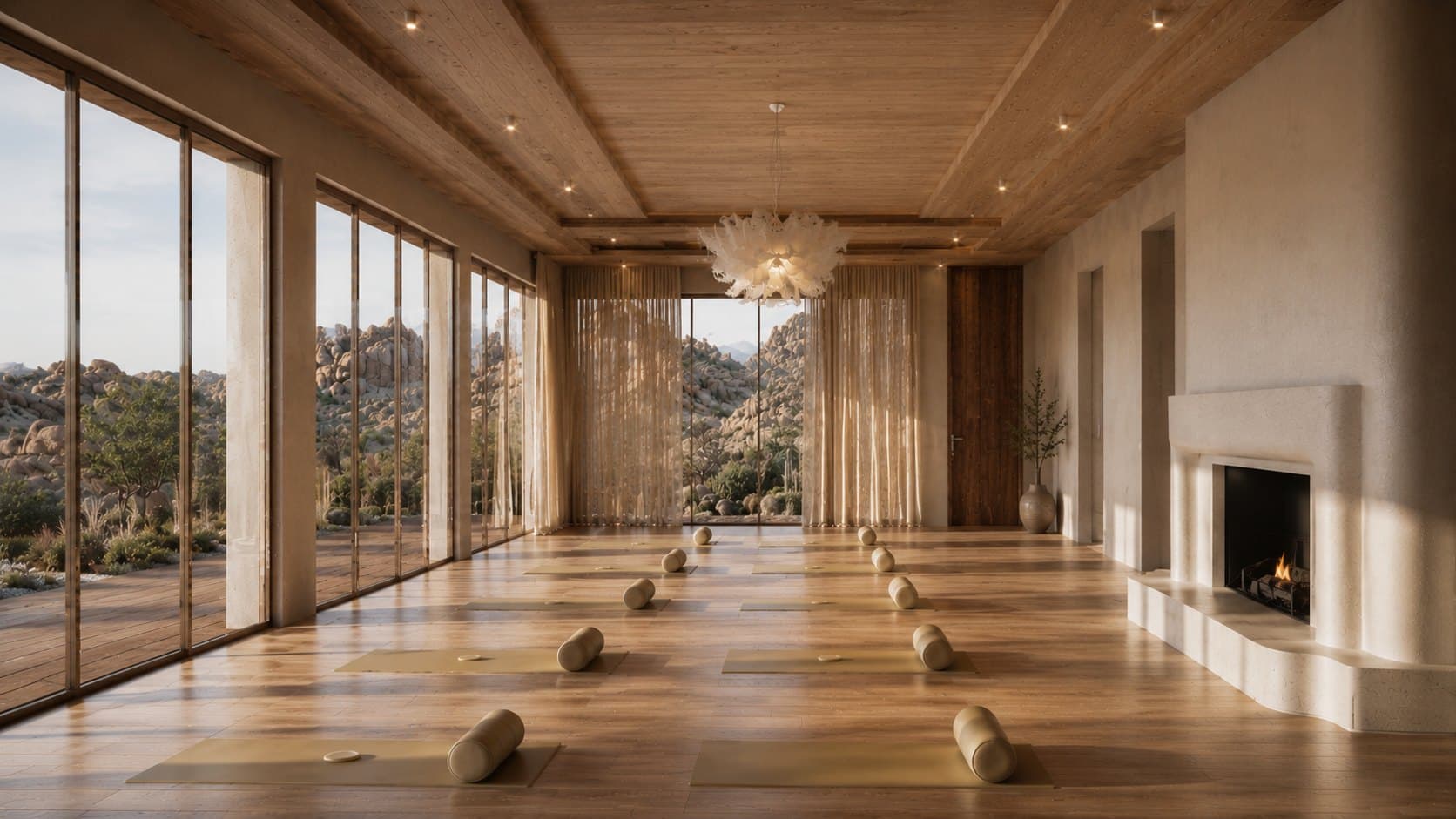 An empty wood floored studio with rows of yoga mats and bolsters, tall windows looking onto a rocky desert, and a lit fireplace along the right wall.